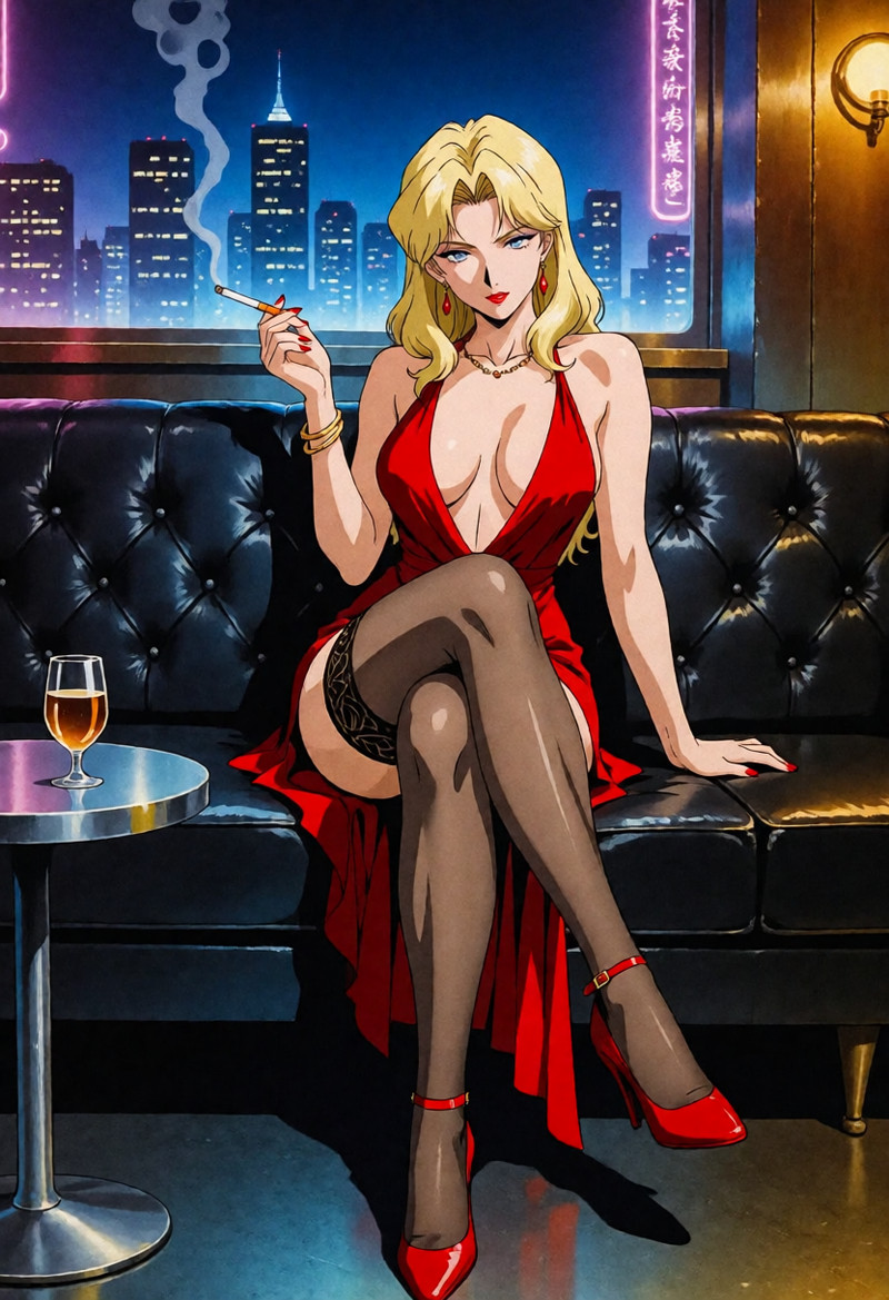 A Striking Blonde Woman In A Red