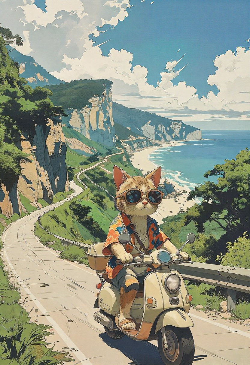 Japanese anime cat scooter art