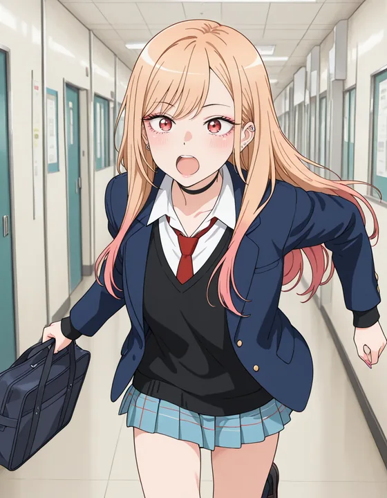 amazing quality, 1girl, holding bag, running, hallway, sc...