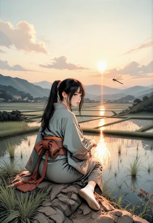 sumi-e rice field traveler painting