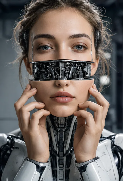 split-face cyborg woman concept art