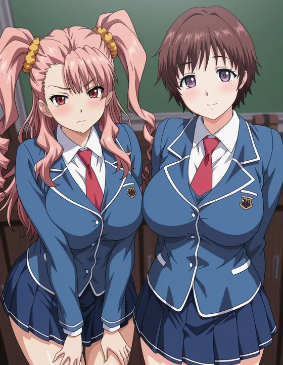 2girls, cowboy shot, looking at viewer, school, BREAK mas...