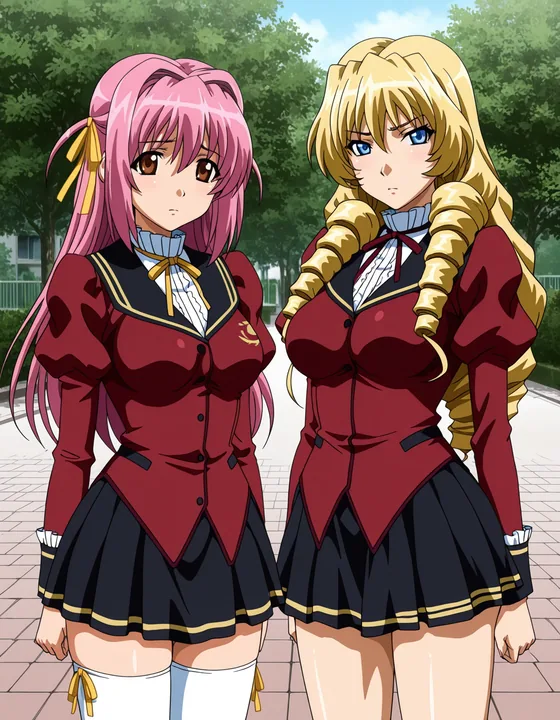 2girls, cowboy shot, looking at viewer, outdoors, school...